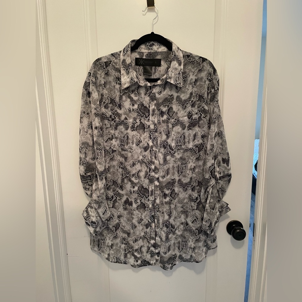 Kardashian Kollection Grey Snake Print Sheer Long Sleeve Oversized Shirt Large